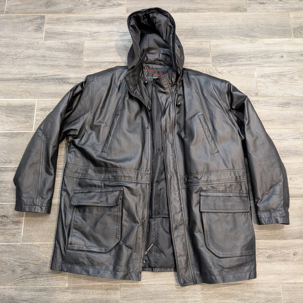Phase 2 To Leather Jacket Men's 2XL Black Removable Hood and Lining